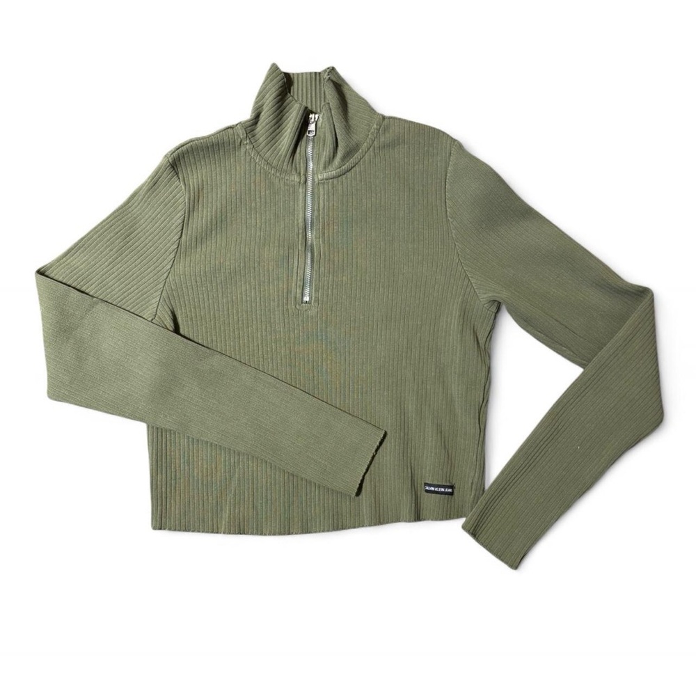 Calvin Klein Jeans Sage Green Ribbed Turtleneck Quarter Zip Sweater